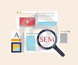 Concept of SEM - Search Engine Marketing,digital marketing, creative business internet strategy and market promotion development.