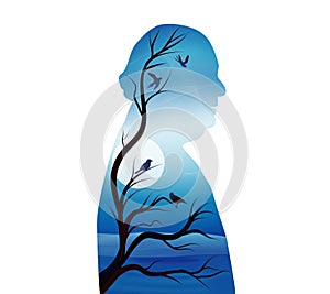 Concept of senile dementia - alzheimer. Silhouette of senior profile with night landscape - moon - branches and birds