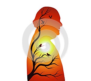 Concept of senile dementia - alzheimer. Silhouette of senior profile with sunset or sunrise - sun - branches and birds