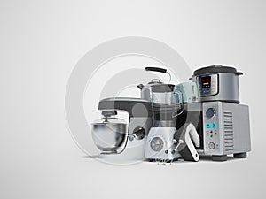 Concept set of household appliances for the kitchen pressure cooker blender mixer electric kettle 3d render on gray background photo