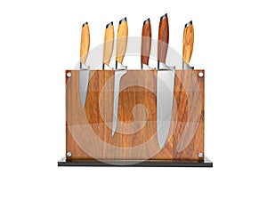 Concept set of kitchen knives in wooden stand 3d render illustration on white background no shadow