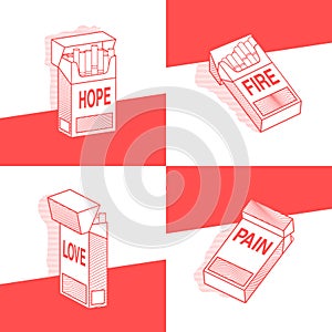 Concept, set of pack of cigarettes with different inscriptions pain, hope, love, fire. various variants. vector photo