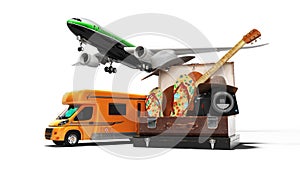 Concept set for tourist chimond slippers camera for airplane trips or cars 3d renderer on white background with shadow