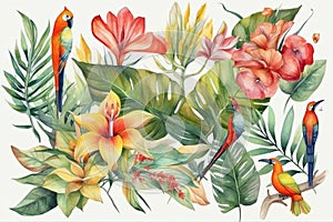 Set of tropical exotic bouquets with hibiscus flowers, butterfly tree flowers, bird in paradise and banana leaves, monstera and pa