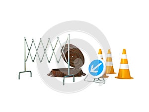 Concept of sewerage 3d render on white background no shodow sewer hatch orange cone fence