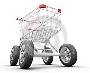 Concept shopping cart with car wheels