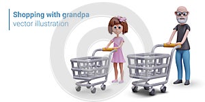 Concept of shopping with grandpa. Old bearded man and girl are rolling empty shopping carts
