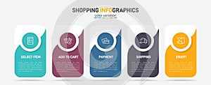 Concept of shopping process with 5 successive steps. Five colorful graphic elements. Timeline design for brochure