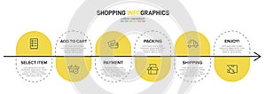 Concept of shopping process with 6 successive steps. Six colorful graphic elements. Timeline design for brochure