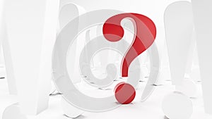 Concept shot for FAQ or `Still questions`. A red question mark between white exclamation marks on white background