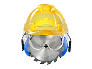 Concept shot of a worker's head made of tools and protective gear