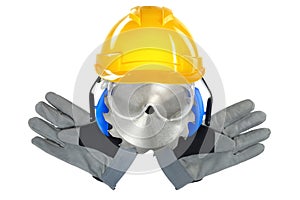 Concept shot of a worker's head made of tools and protective gear