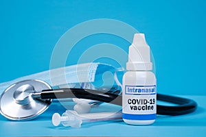 Concept showing of Coronavirus covid-19 new nasal or intranasal vaccination with medical equipments