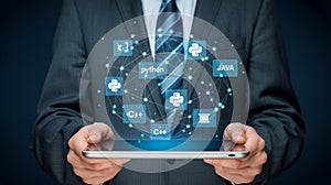 Programming languages concept python java c++ developer software development coding technology business it solutions