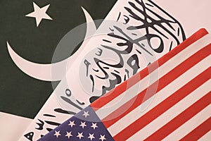 Concept showing of US, Pakistan and Taliban deal preocess showing with flags.