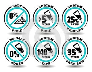 Concept sign set of round icons Salt Free meal, Sodium Free food, No Salt Added product, Very Low Sodium level diet for packaging
