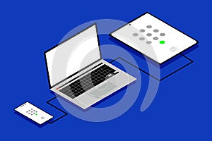 Concept of simple IT workstation with passcode and biometric authentication icons.