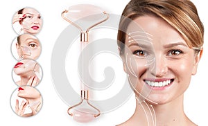 Concept of skin rejuvenation. Woman with massage lines showing her face after face roller massage