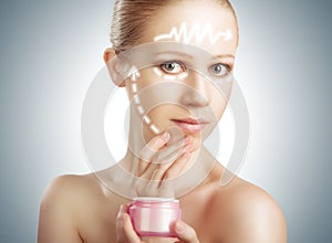 concept skincare. Skin of beauty woman with facelift, plastic surgery, arrows with rejuvenation cream