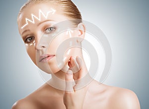 concept skincare. Skin of beauty woman with facelift, plastic surgery, rejuvenation, arrows