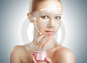 concept skincare. Skin of beauty woman with facelift, plastic surgery, arrows with rejuvenation cream photo