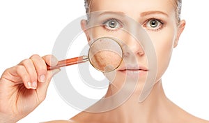 Concept skincare. Skin of woman with magnifier before and after photo