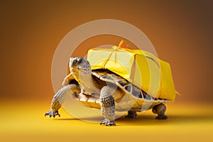 The concept of slow delivery. Close-up turtle with shipping box on a back,Slow delivery on turtle yellow background, AI Generation