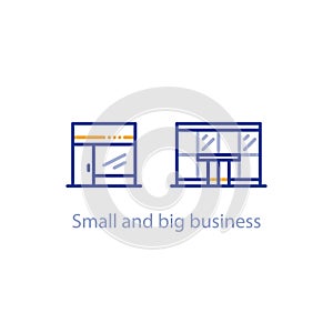 Concept of small and big business comparison, shop and office building