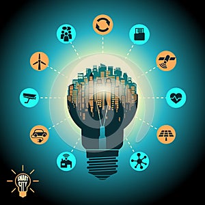 Concept of a smart city, cityscape in silhouette light bulb with advanced smart services, internet of things social networking