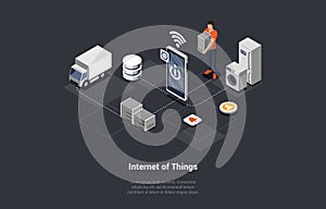 Concept Of Smart Home Technologies And Internet Of Things and Machine Interface. Man Male Character Controls of Loading