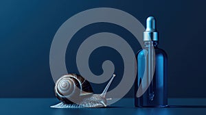 Concept of Snail Mucin or Snail Secretion Filtrate. A snail crawling on a serum glass bottle with a dropper photo