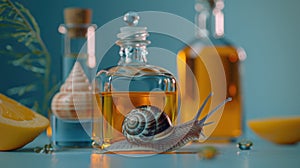 Concept of Snail Mucin or Snail Secretion Filtrate. A snail crawling on a serum glass bottle with a dropper photo