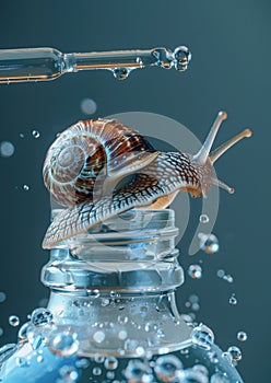Concept of Snail Mucin or Snail Secretion Filtrate. A snail crawling on a serum glass bottle with a dropper photo