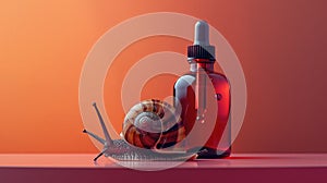 Concept of Snail Mucin or Snail Secretion Filtrate. A snail crawling on a serum glass bottle with a dropper photo