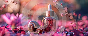 Concept of Snail Mucin or Snail Secretion Filtrate. A snail crawling on a serum glass bottle with a dropper
