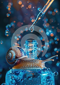 Concept of Snail Mucin or Snail Secretion Filtrate. A snail crawling on a serum glass bottle with a dropper