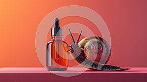 Concept of Snail Mucin or Snail Secretion Filtrate. A snail crawling on a serum glass bottle with a dropper