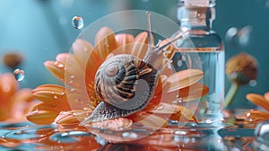 Concept of Snail Mucin or Snail Secretion Filtrate. A snail crawling on a serum glass bottle with a dropper