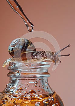 Concept of Snail Mucin or Snail Secretion Filtrate. A snail crawling on a serum glass bottle with a dropper photo