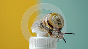 Concept of Snail Mucin or Snail Secretion Filtrate. A snail crawling on a white bottle with a dispenser, close-up bottle