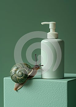 Concept of Snail Mucin or Snail Secretion Filtrate. A snail crawling on a white bottle with a dispenser, close-up bottle