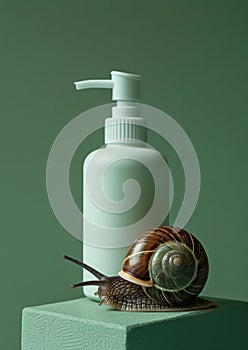 Concept of Snail Mucin or Snail Secretion Filtrate. A snail crawling on a white bottle with a dispenser, close-up bottle