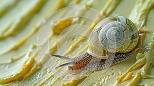 Concept of Snail Mucin or Snail Secretion Filtrate. A snail crawls across the creamy texture of anti-age cosmetics.