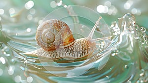 Concept of Snail Mucin or Snail Secretion Filtrate. A snail crawls across the creamy texture of anti-age cosmetics.