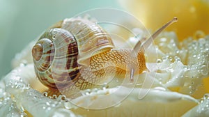 Concept of Snail Mucin or Snail Secretion Filtrate. A snail crawls across the creamy texture of anti-age cosmetics.