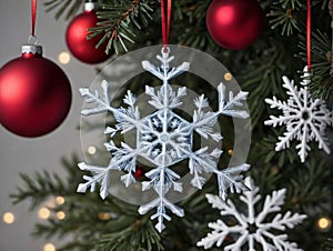 A Snowflaker Ornament On A Christmas Tree. Generative AI photo