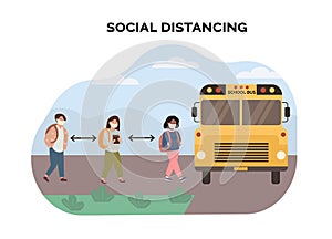 Concept of social distancing at school. Multiethnic, mix race kids maintaining a safe distance when picked up by yellow