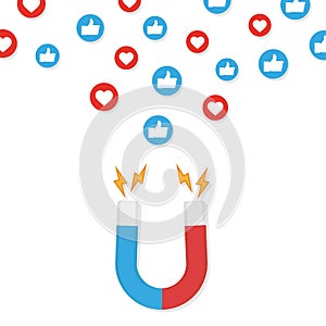 Concept social media marketing. Magnet attracting likes. Vector in flat