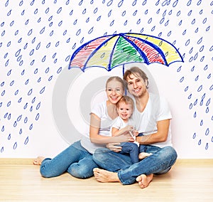 Concept: social protection of family. family took refuge from miseries and rain under umbrella