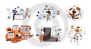 Concept of software development and web programming. Set of people coding and working with CMS architecture. Flat